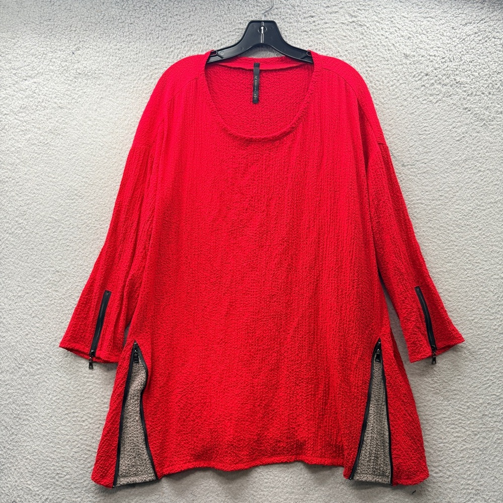 IC Connie K Tunic Top Red Textured Zipper Trim Art to Wear Lagenlook Women’s XL